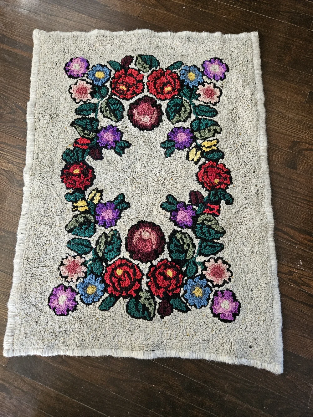 Hand Hooked Floral Wool Rug with Red & Purple Blooms